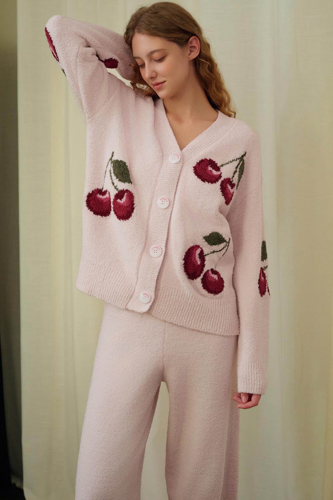 Soft Half Velvet Cherry Cardigan Pajama Set