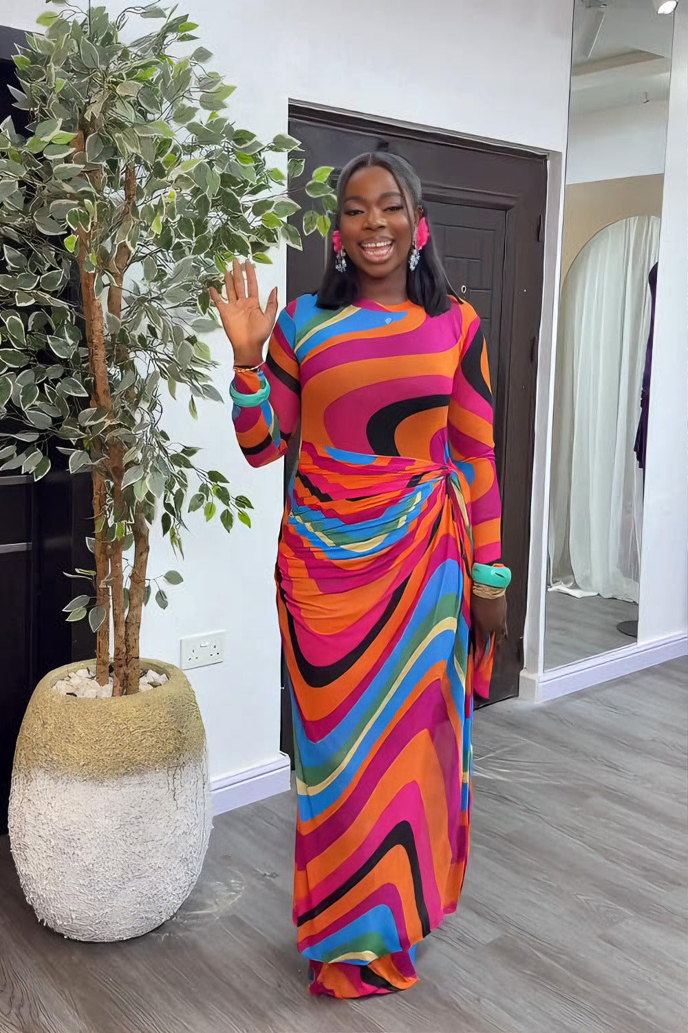 Energetic Swirl Sheer Long-Sleeve Maxi Dress