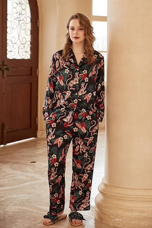 Jaguar och blommönster långärmad Loungewear Set