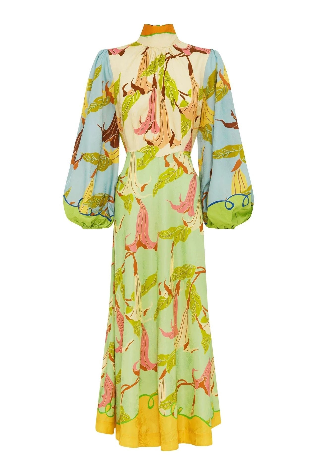 उच्च कॉलर लालटेन आस्तीन पैचवर्क ड्रेस