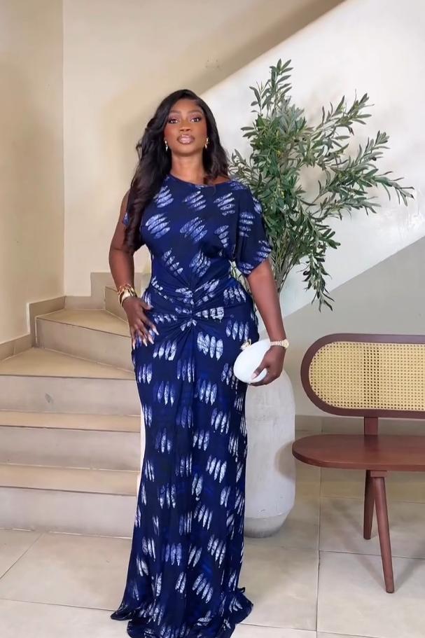 Navy Blue Feather-Print Ruched Maxi Dress