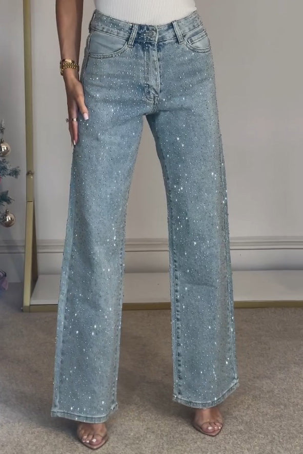 Jeans dritti a vita alta con strass