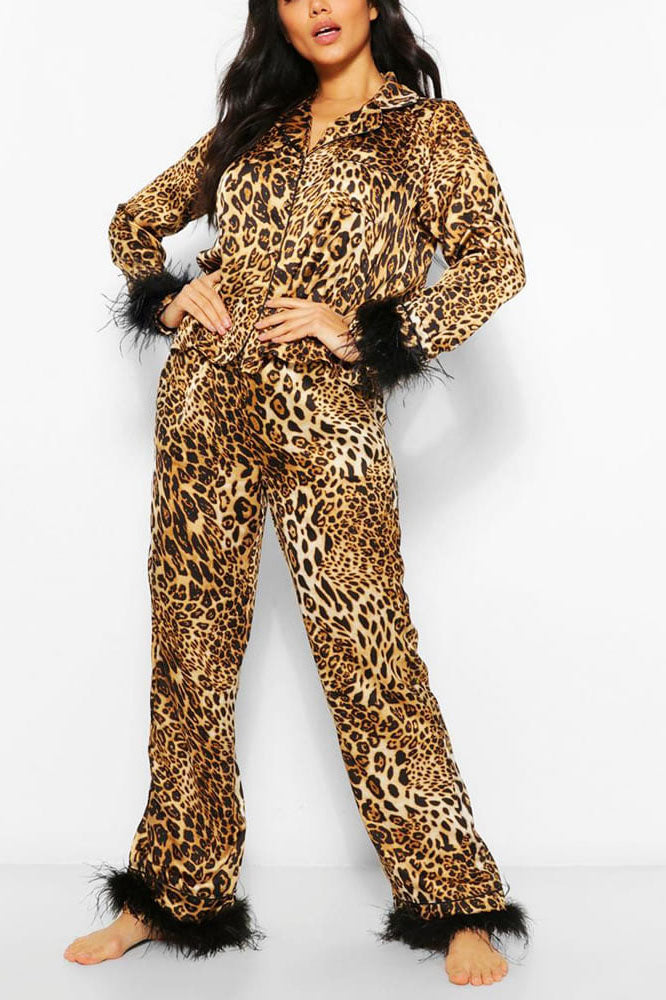 Leopard Print Satin Pajama Set