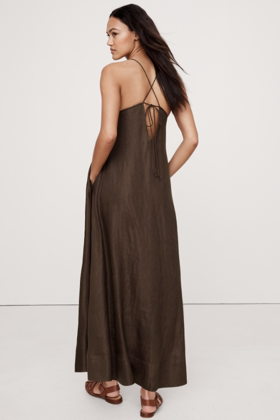 Espresso Brown Viscose-Linen Maxi Dress