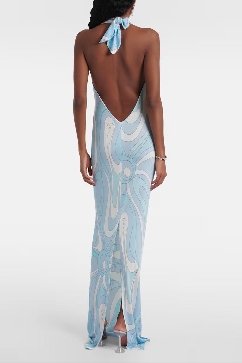 Aqua Marmo Halterneck Satin Jersey Maxi Dress