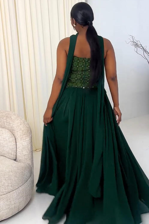 Elegant Emerald Cape-Shoulder Gala Maxi Dress