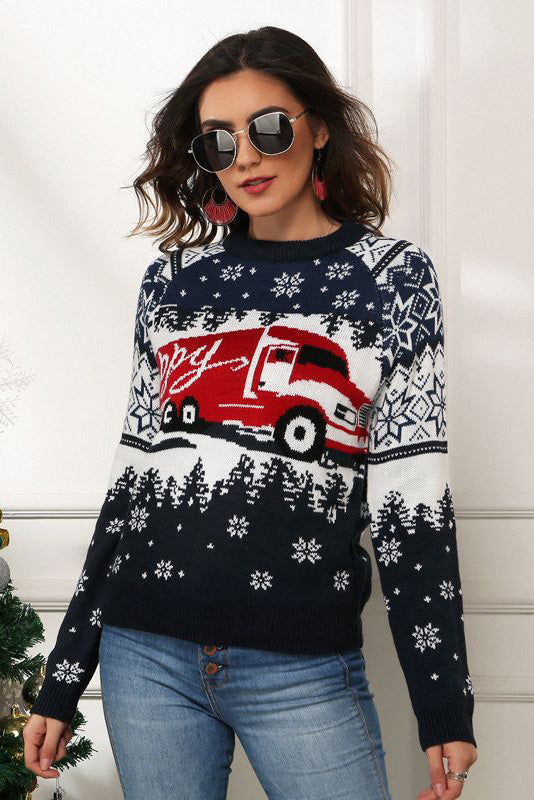 Snowflake and Truck Print Christmas Sweater