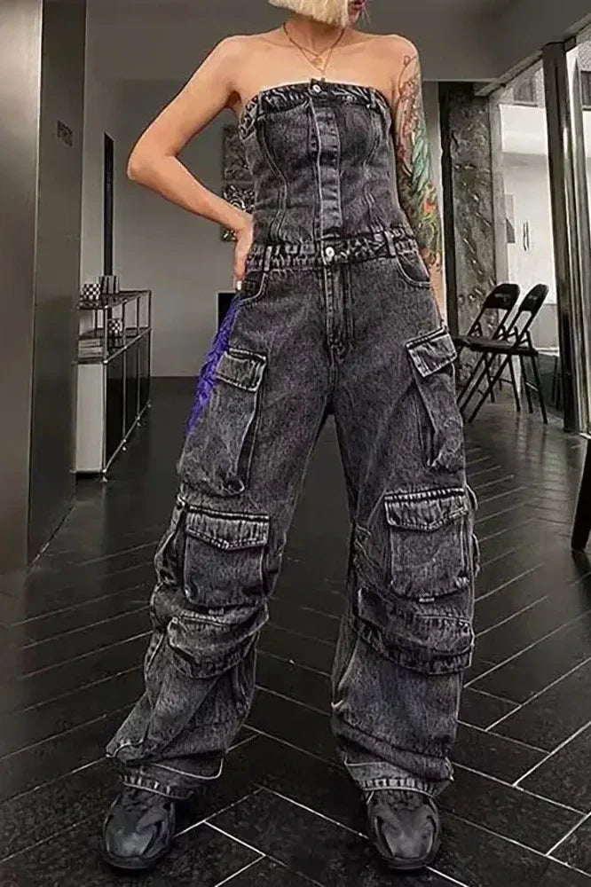 ストリートスタイルのストラップレスデニムジャンプスーツ