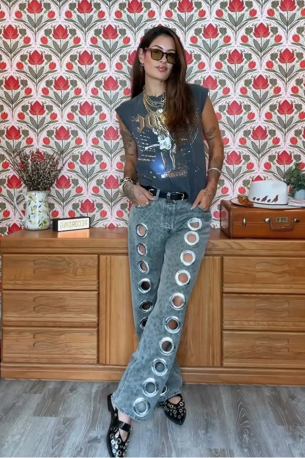 Leopard Print Eyelet Jeans