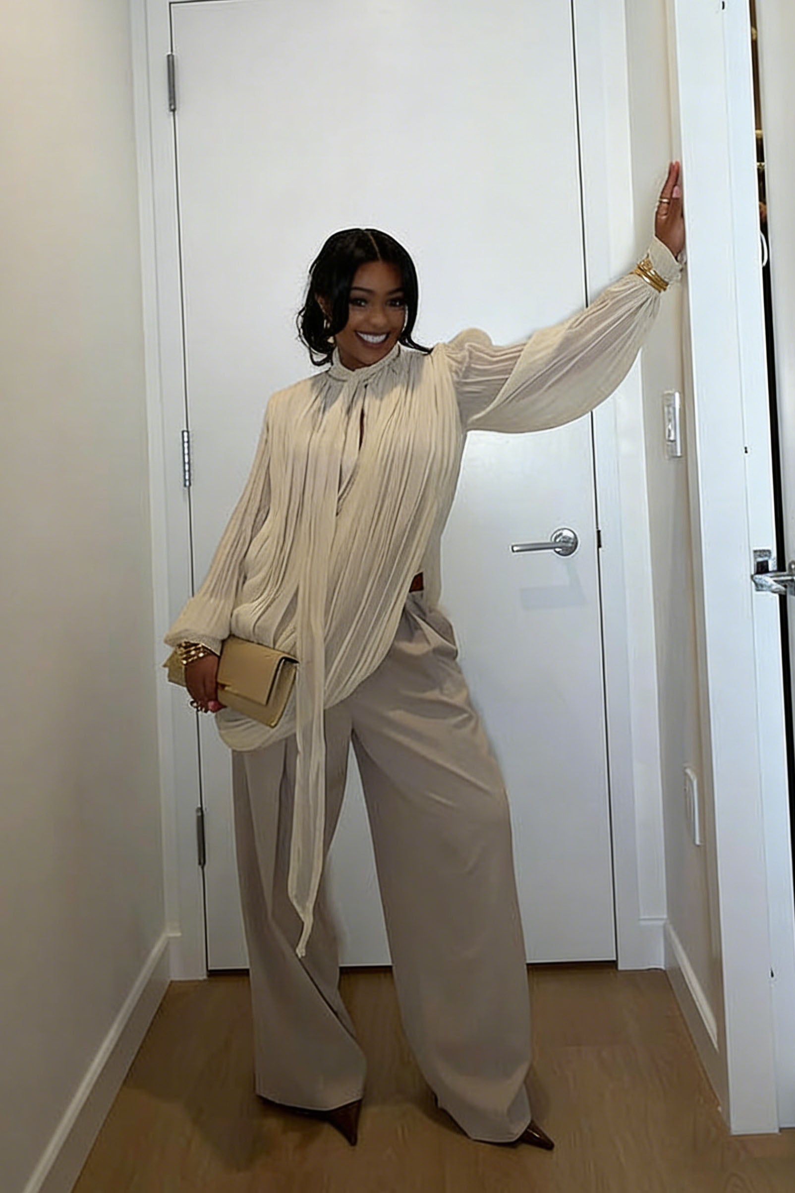 Tie-Neck Pleated Blouse