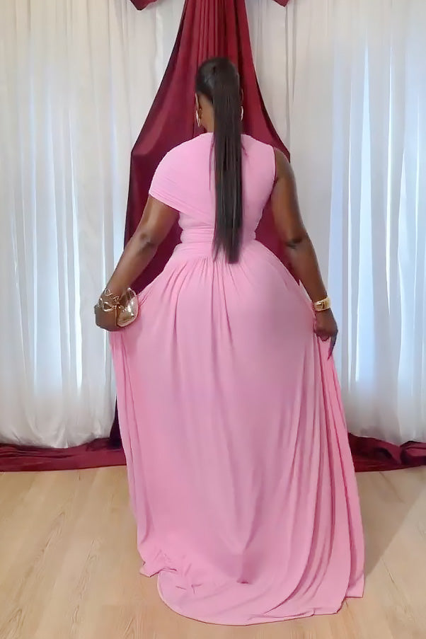 Maxi šaty s jedním ramenem v horké růžové barvě s řasením