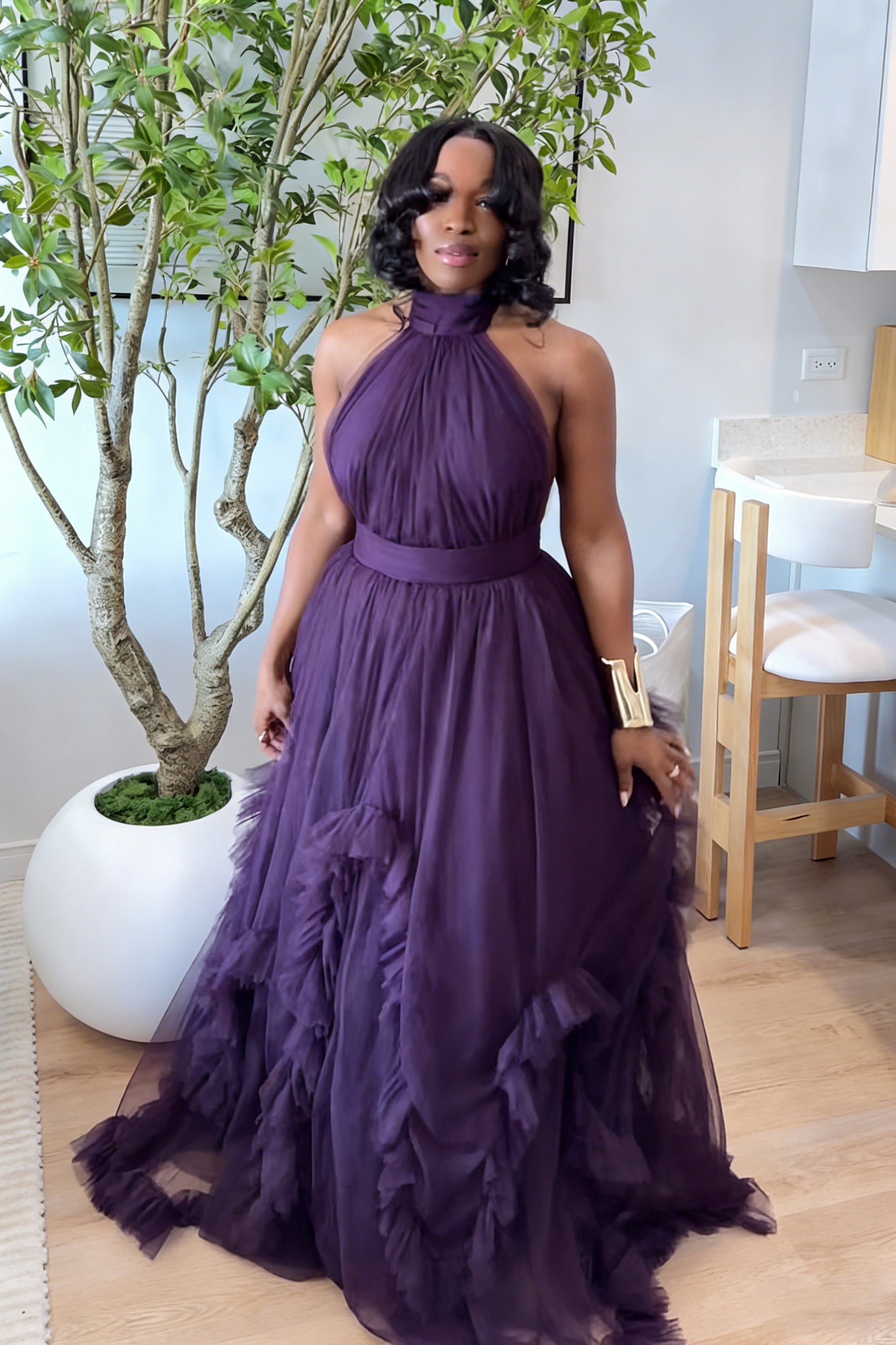 Backless Halter Voluminous Ruffled Hem Maxi Dress