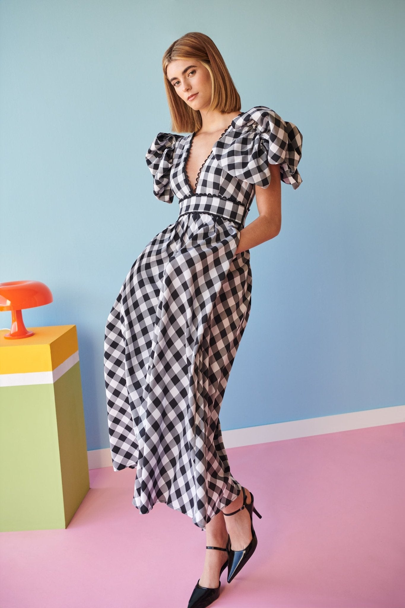 Soveshi Puff Sleeve Black and White Plaid Maxi Dress