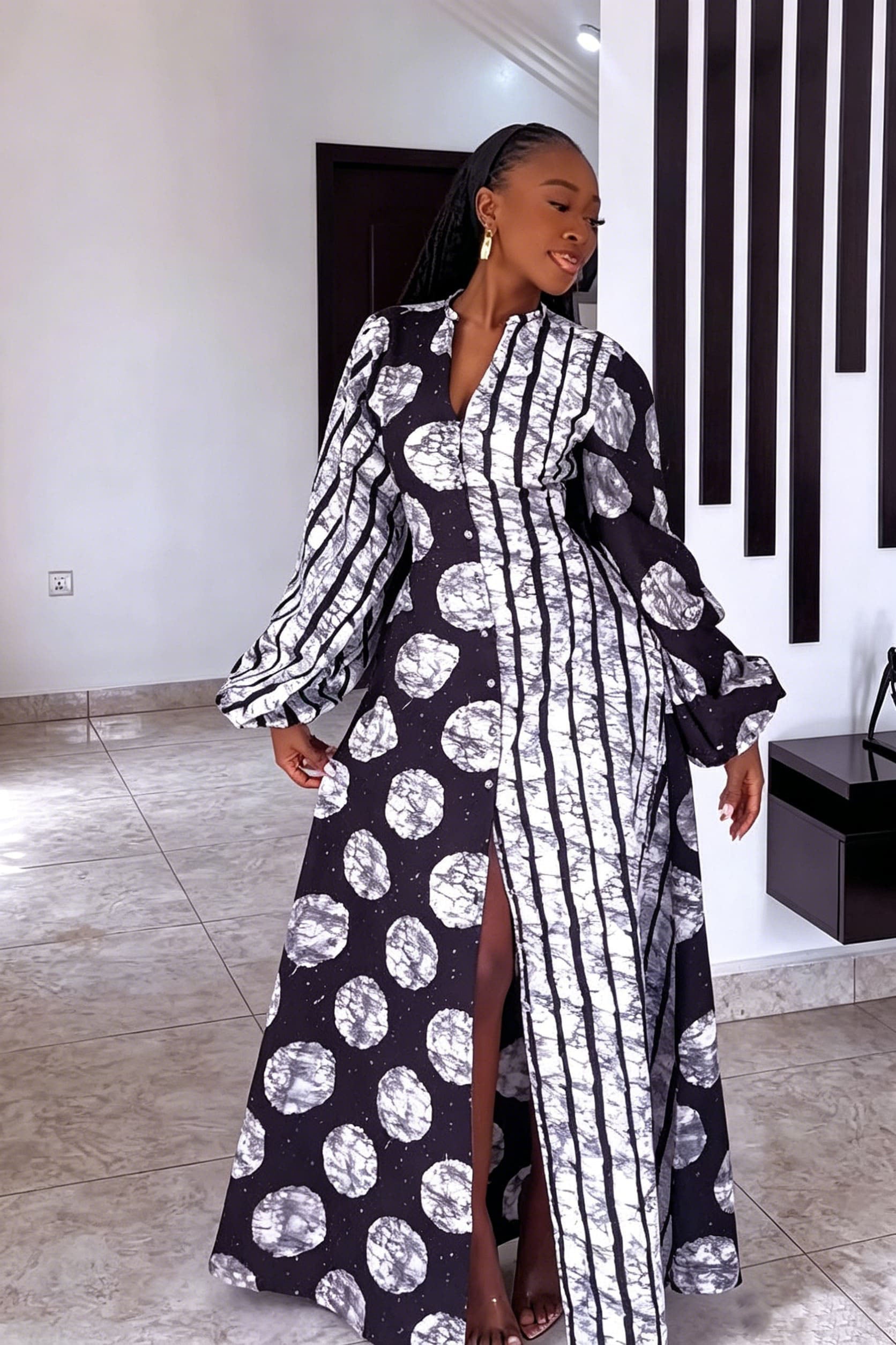 Vestido maxi de manga globo con estampado mixto