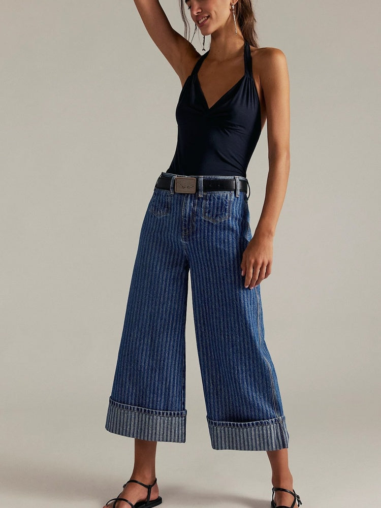 Jeans a gamba larga con righe retrò