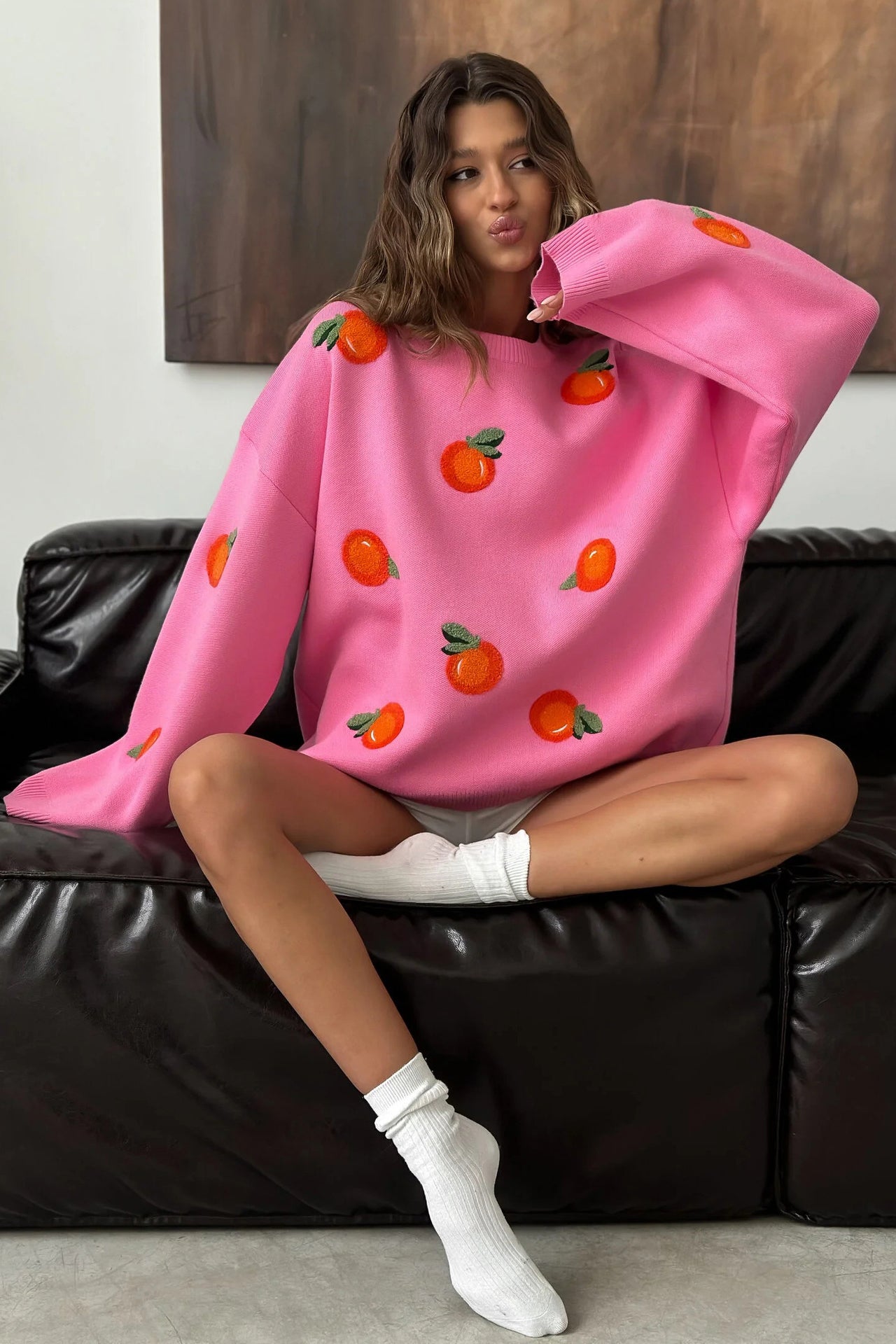 Girls' Orange Flocked Knit Sweater