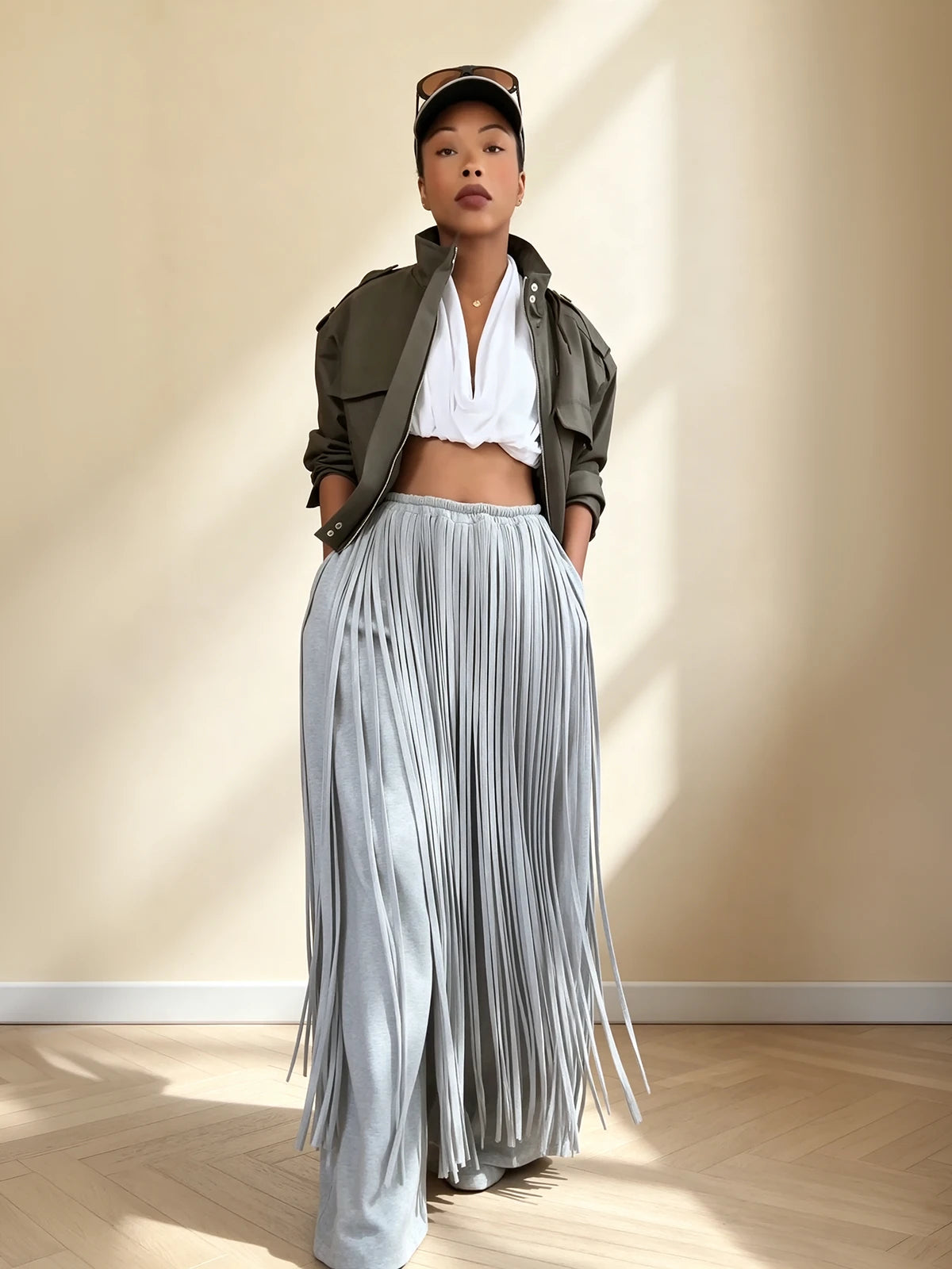 Grey Heavy Fringe Wide Leg Pants