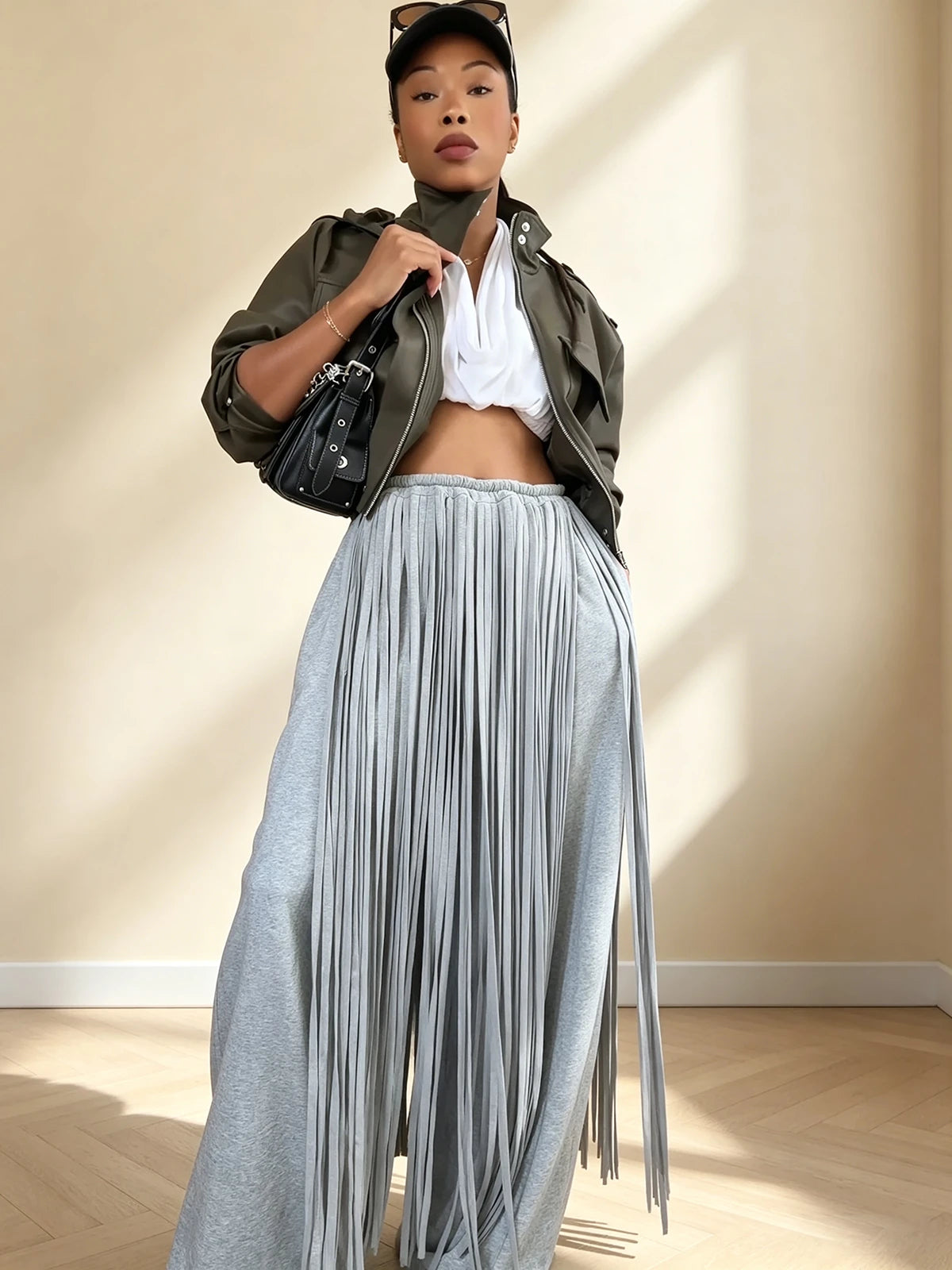 Grey Heavy Fringe Wide Leg Pants