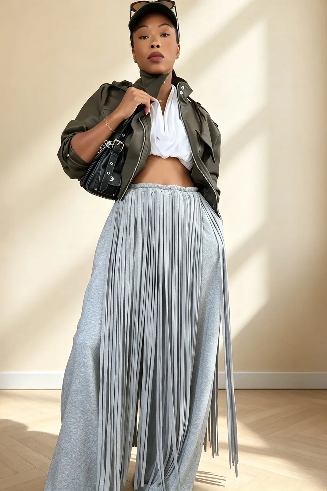 Grey Heavy Fringe Wide Leg Pants