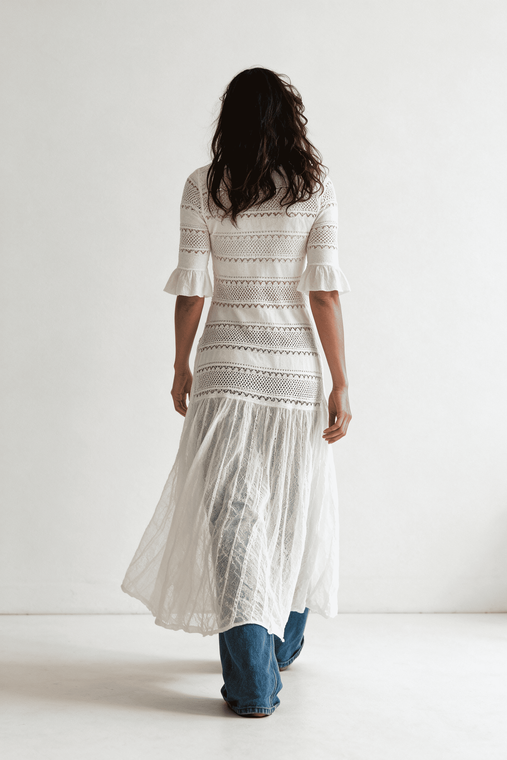 V-Neck Button Down Tiered Ruffle White Maxi Dress