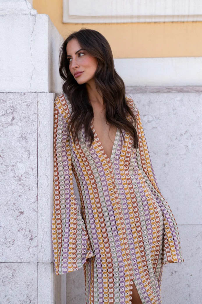 Boho V Neck Bell Sleeve Wavy Striped Crochet Beach Vacation Maxi Dress