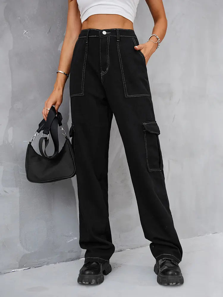 Spodnie cargo z denimu o luźnym kroju i elastycznym pasie w stylu vintage