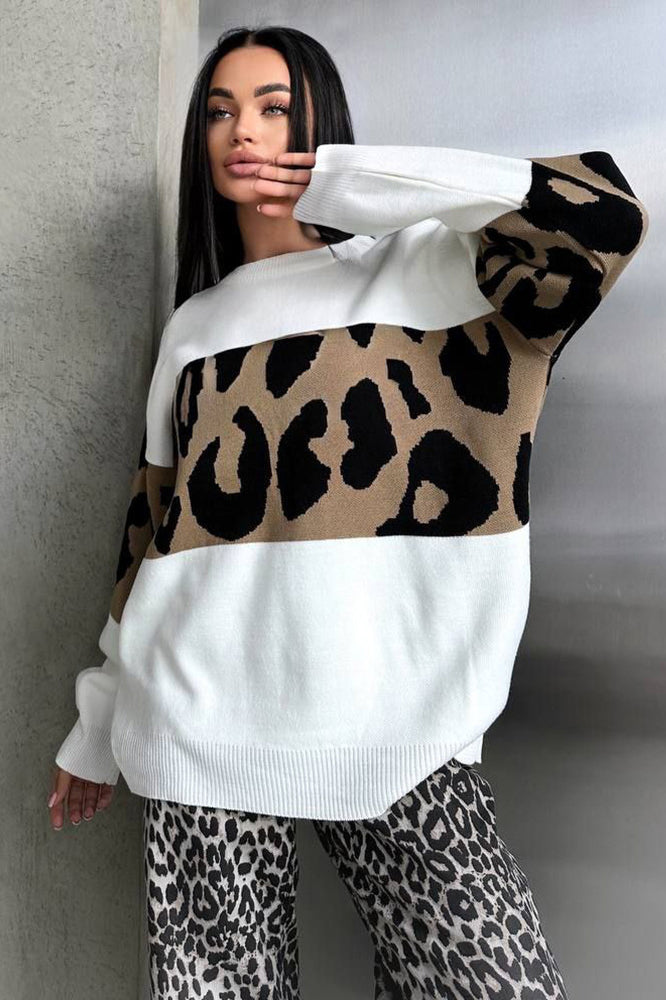 Retro Leopard Print Color-Block Sweater