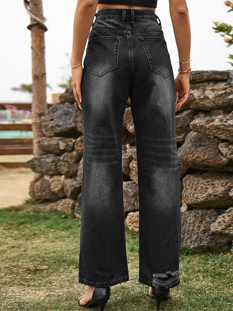 Pantalon en jean tendance déchiré, taille haute, jambes larges