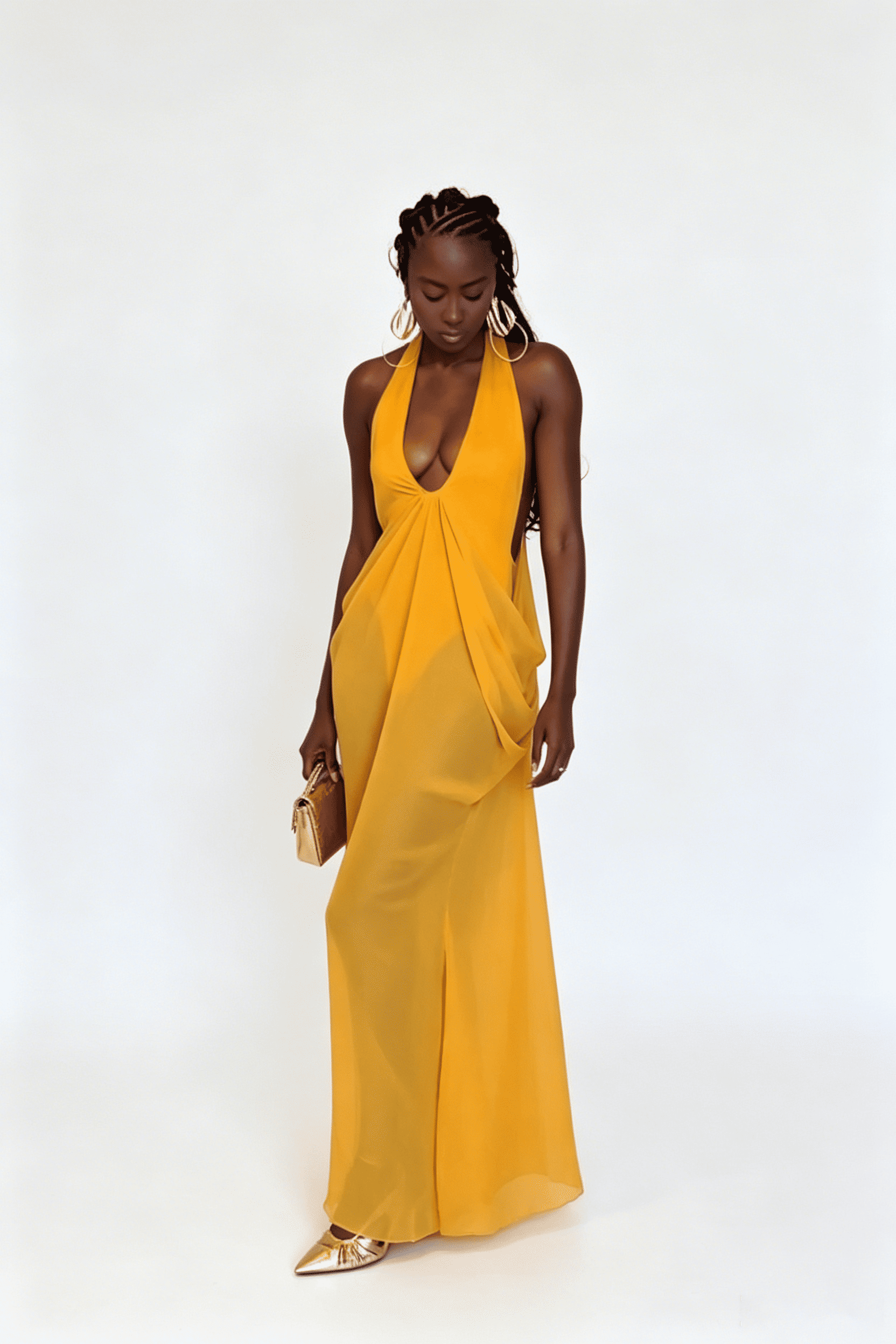 Halter Deep V Open Back Draped Maxi Dress