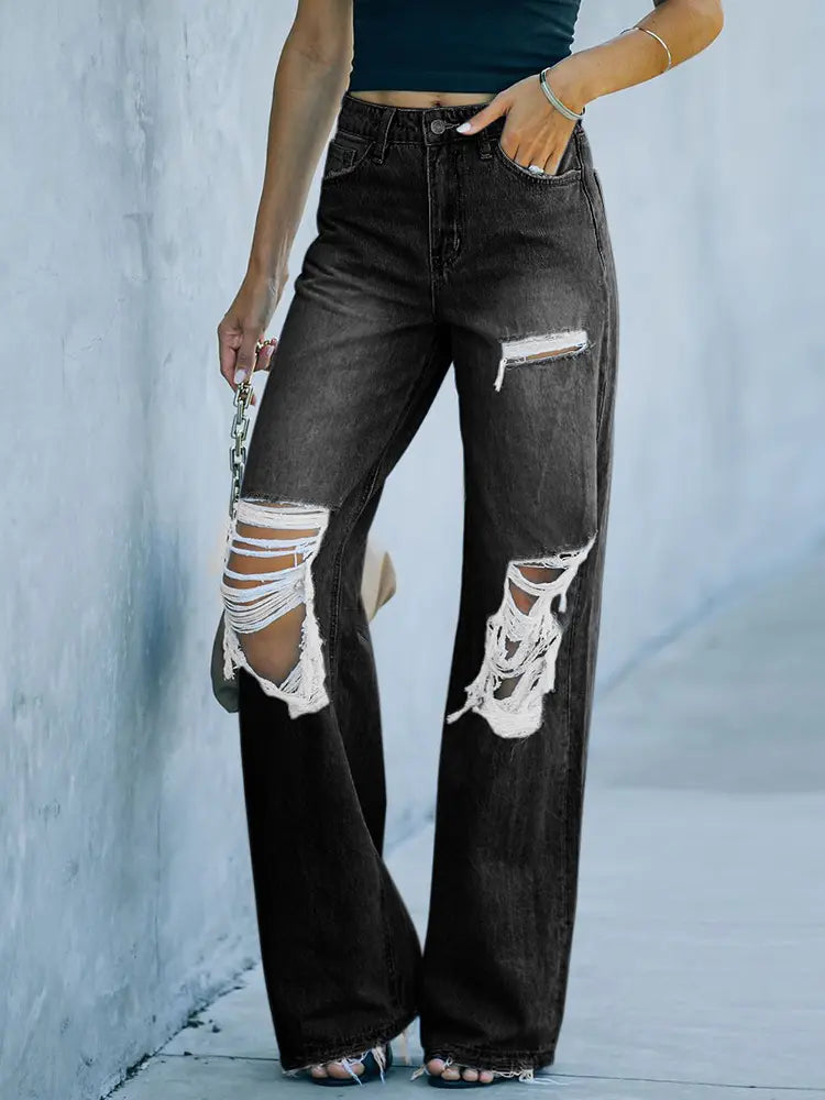 Pantalon en denim large délavé usé style urbain