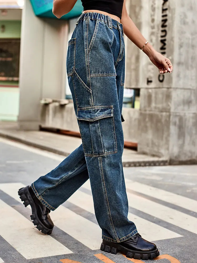 Pantalon utilitaire en denim à taille élastique style rétro lavé