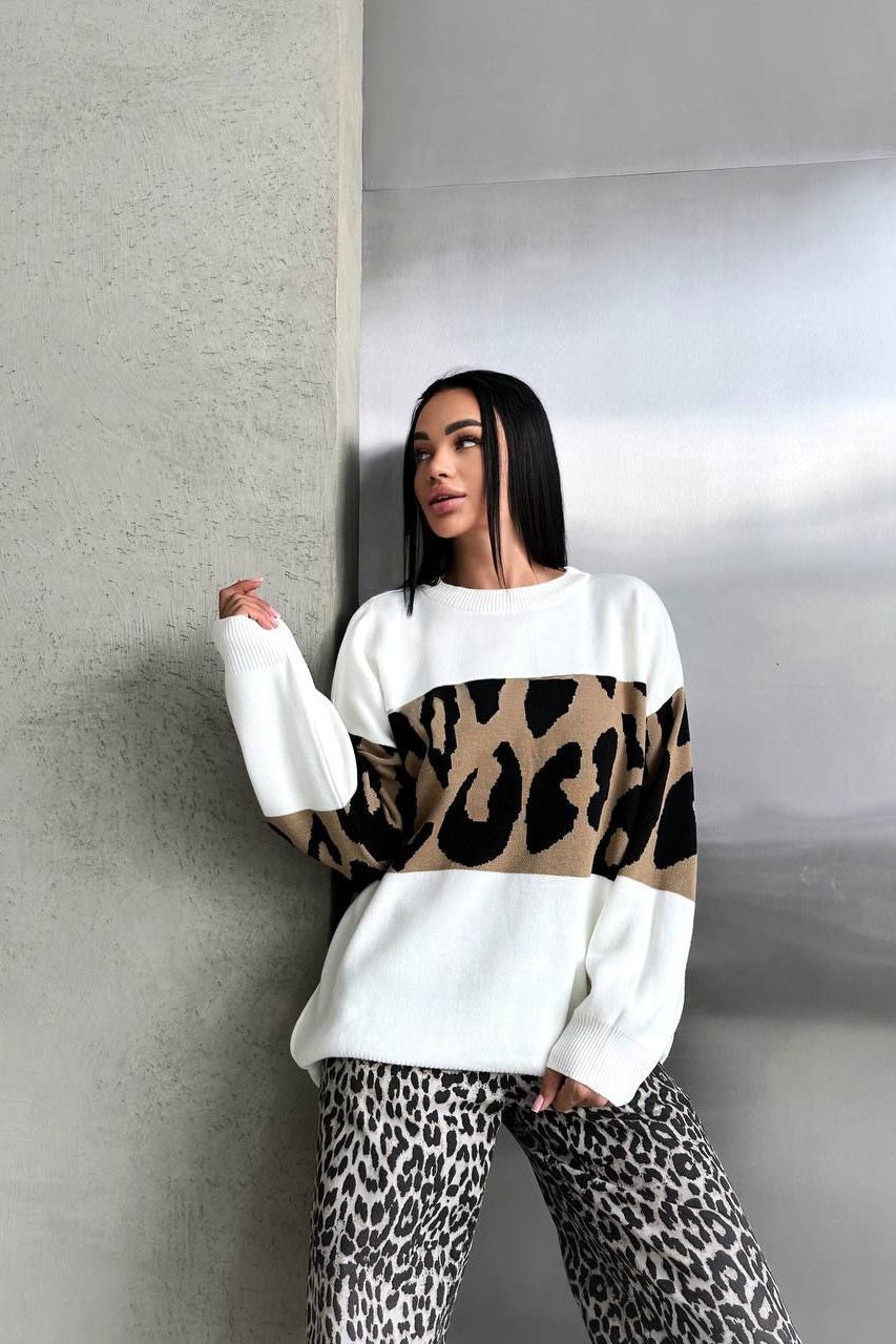 Retro Leopard Print Color-Block Sweater