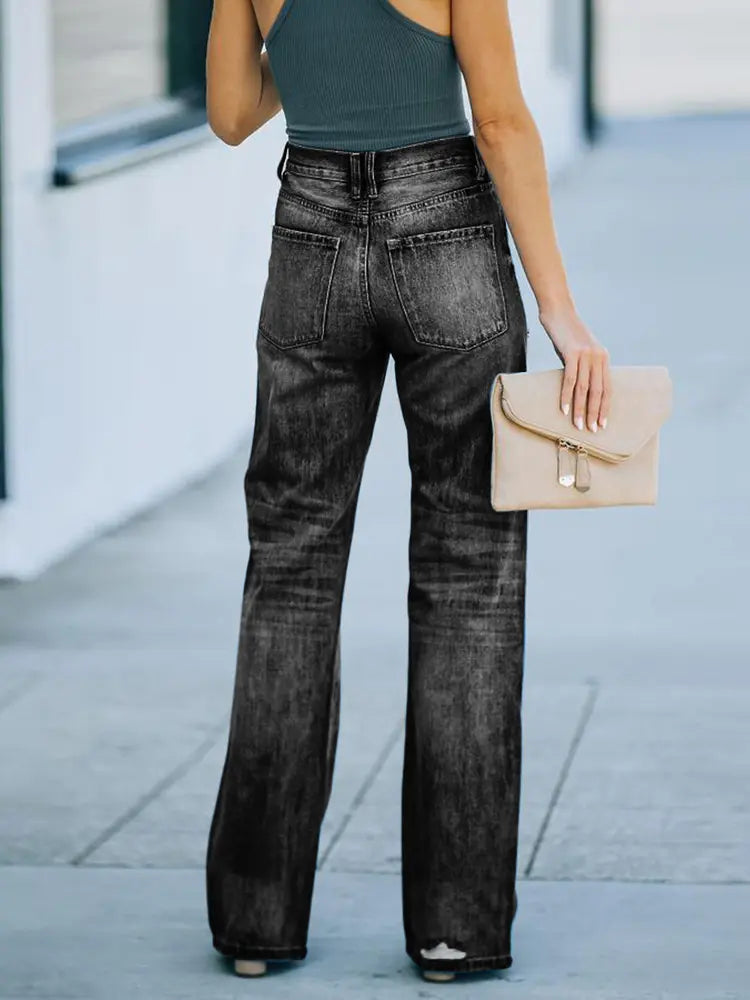 Denimbox mat héijer Taille, mat Rëss a breede Been