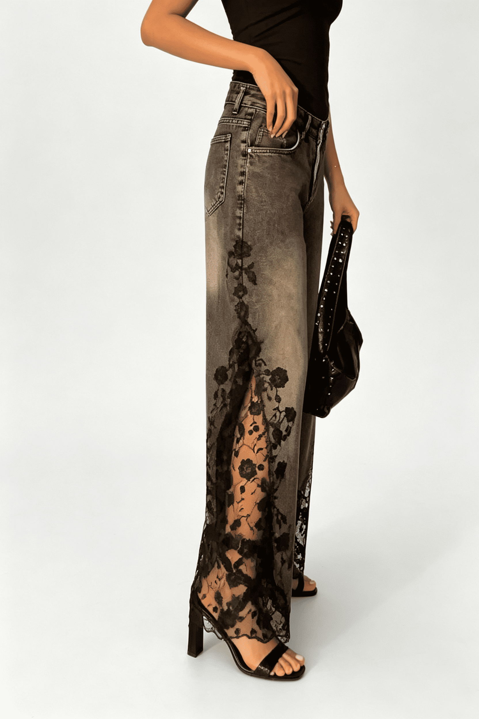 Lace Panel High Waist Flare Pants