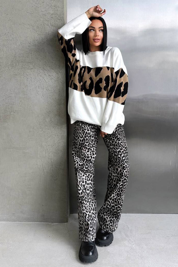 Retro Leopard Print Color-Block Sweater