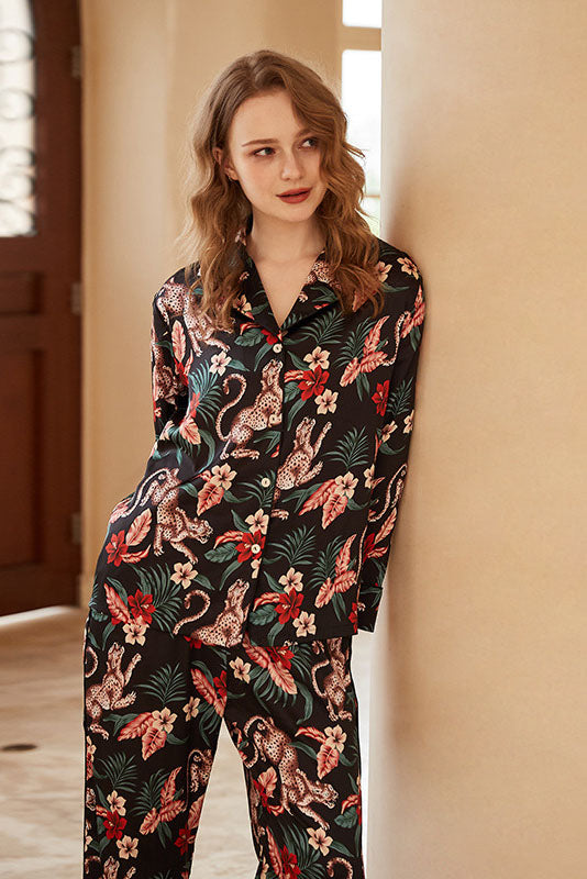 Jaguar och blommönster långärmad Loungewear Set