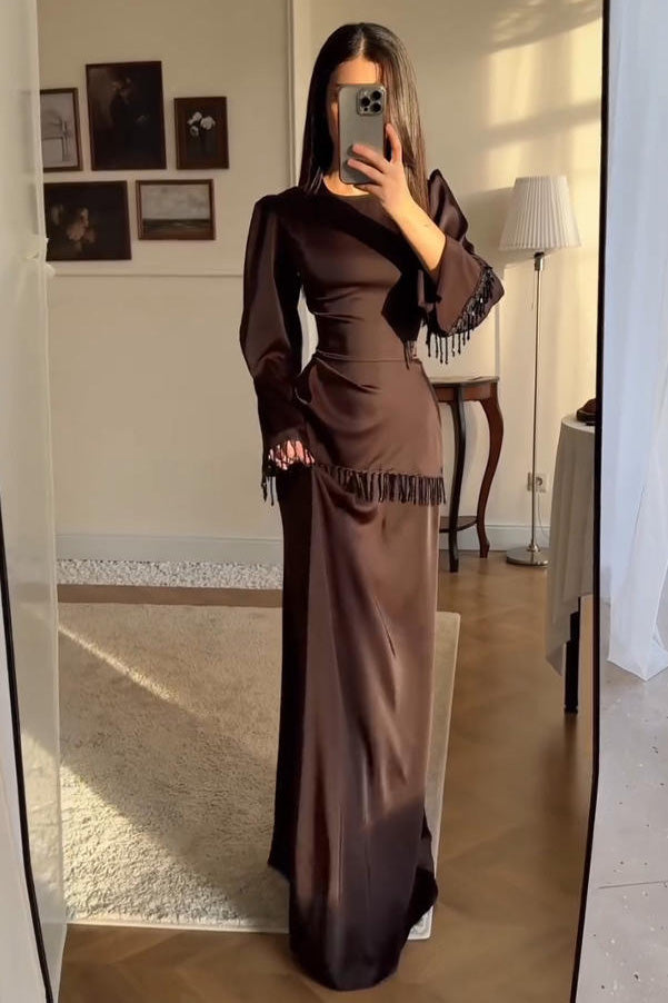 Elegant Fringe Accents Satin Maxi Dress