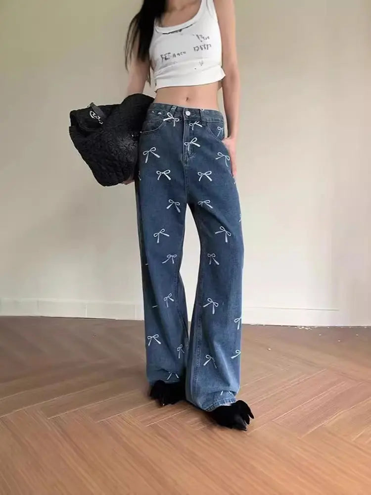 Fiyonk Baskılı Denim Pantolon