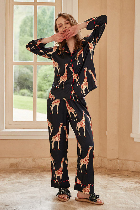 Svart Giraffmönster Långärmad Pyjamas Set