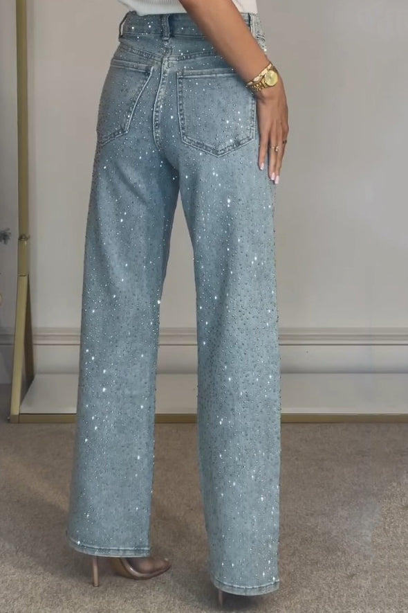 Jeans dritti a vita alta con strass