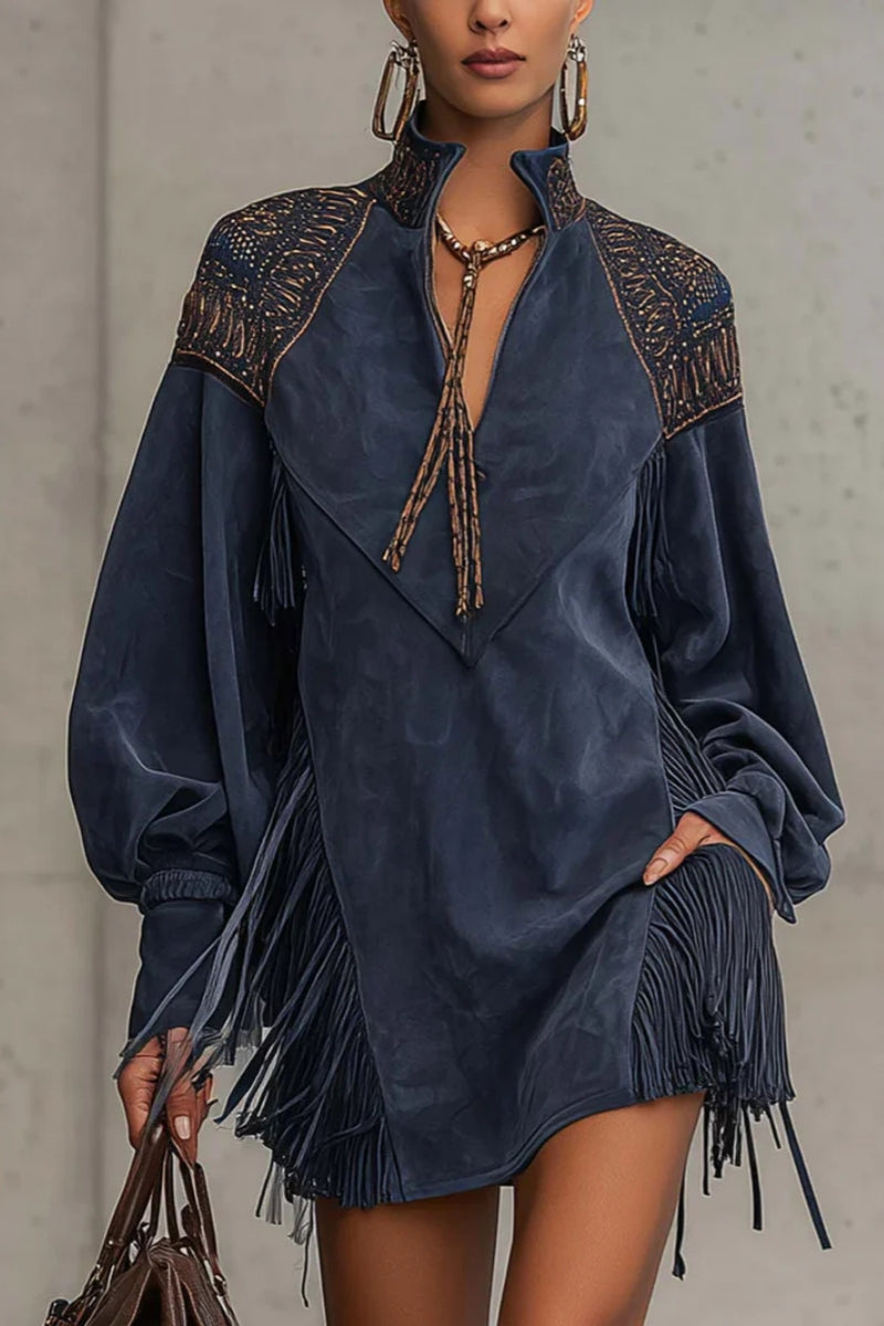 Indigo Faux Suede Embroidered Tassel Mini Dress
