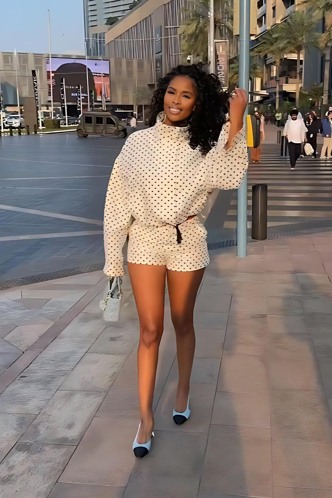 Stand Collar Polka Dot Shorts Set