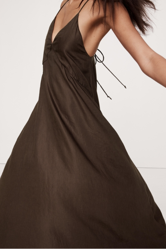 Espresso Brown Viscose-Linen Maxi Dress