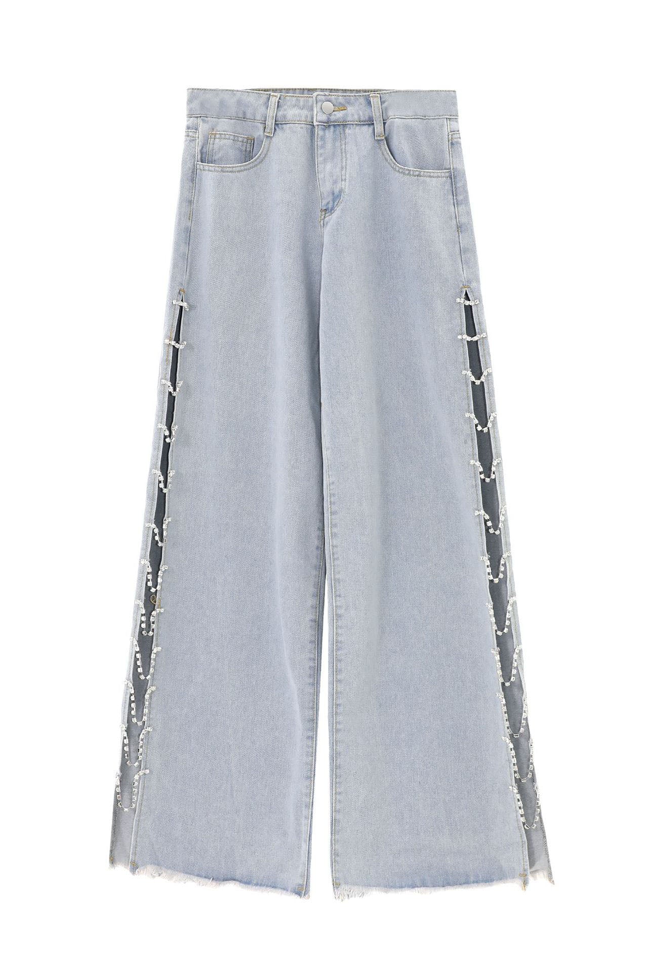 Pantalon en jean à fente latérale orné de strass style années 2000