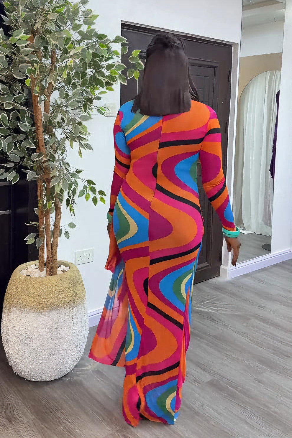 Energetic Swirl Sheer Long-Sleeve Maxi Dress