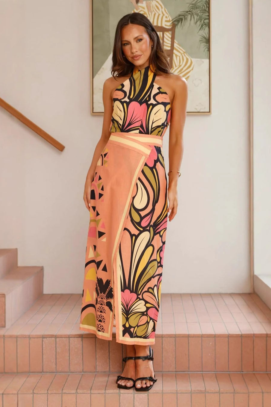 Set cardigan cu imprimeu sălbatic și fustă, cu guler halter