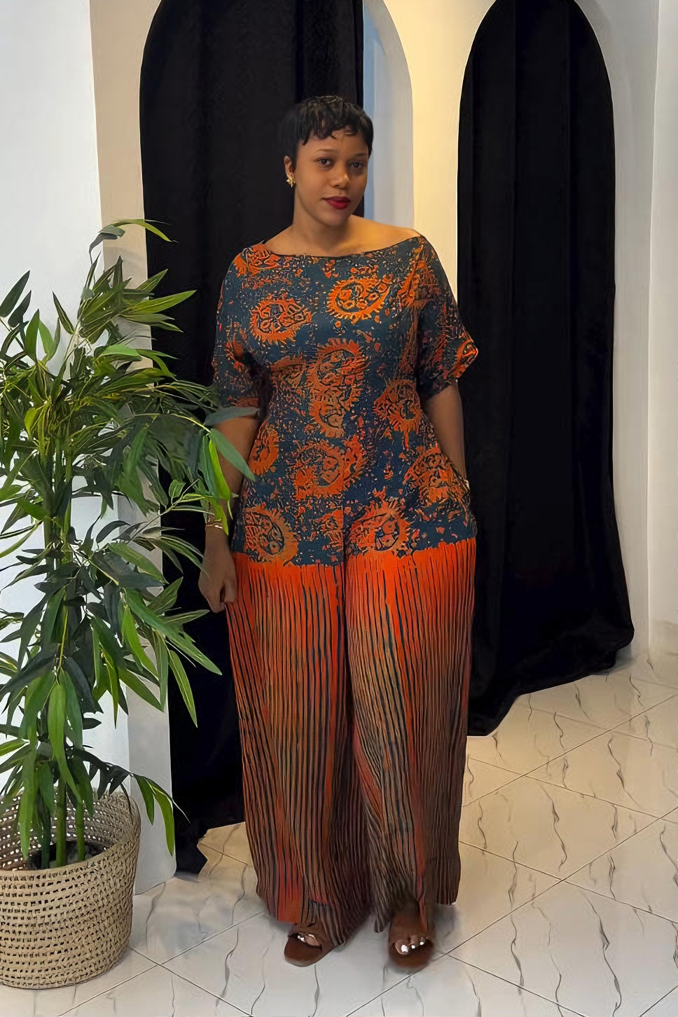Sunset Ankara Tie-Waist Palazzo Jumpsuit