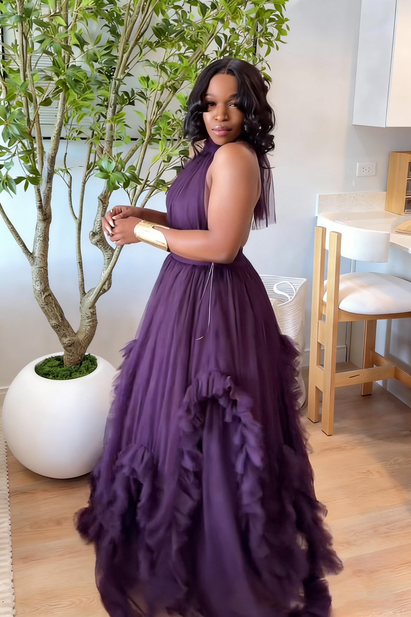 Backless Halter Voluminous Ruffled Hem Maxi Dress