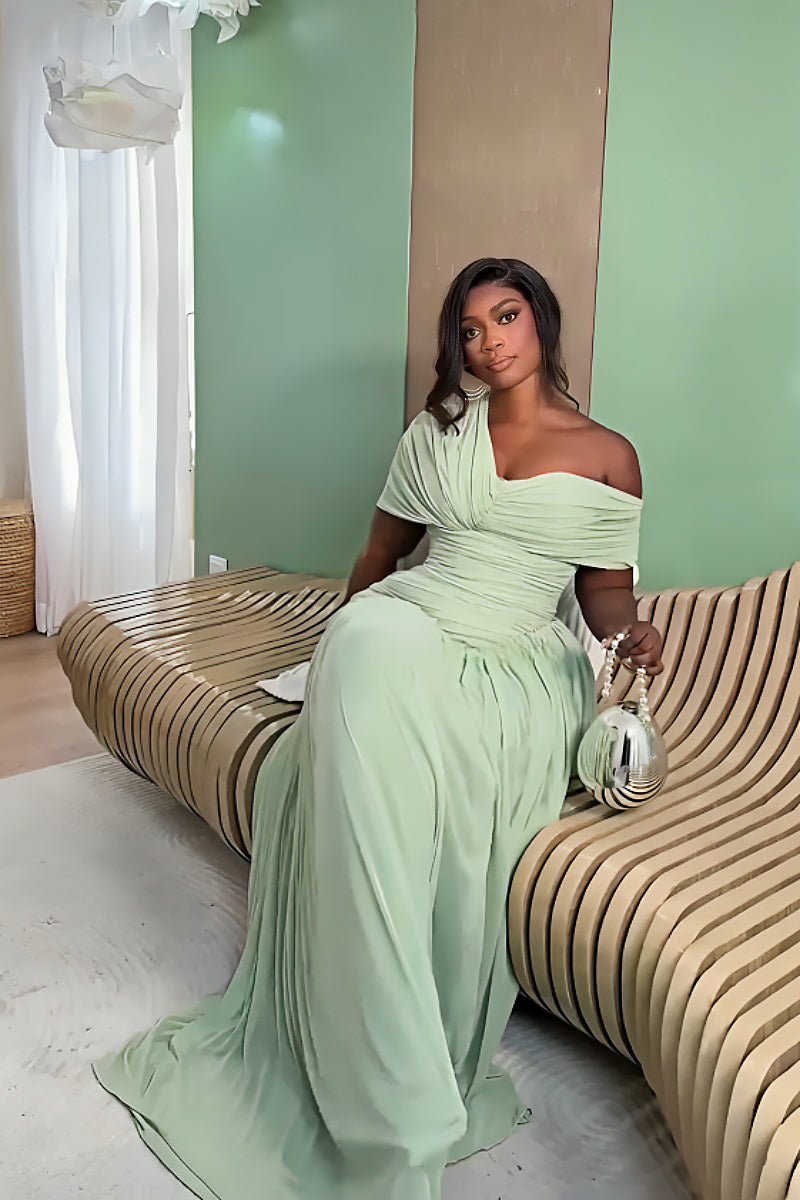 Miętowa sukienka maxi z marszczonego szyfonu