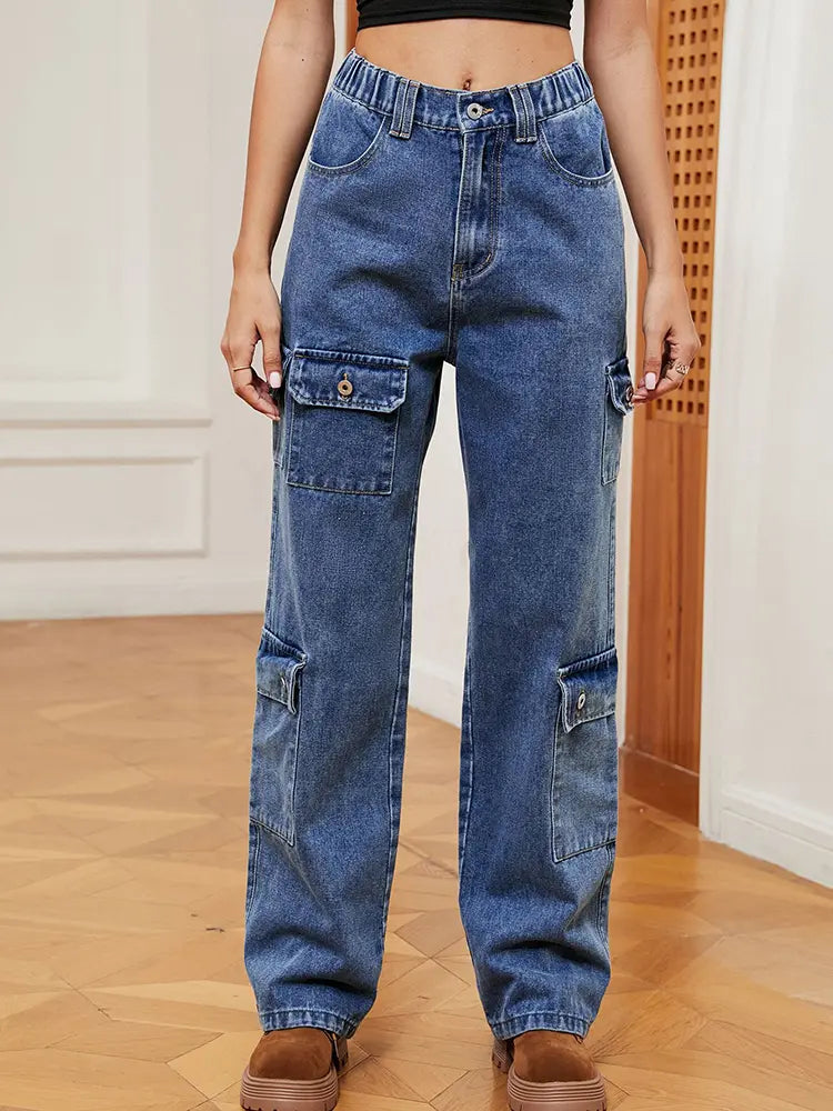 Gëwäschten hallef-elasteschen Denim Cargo Boxejangen